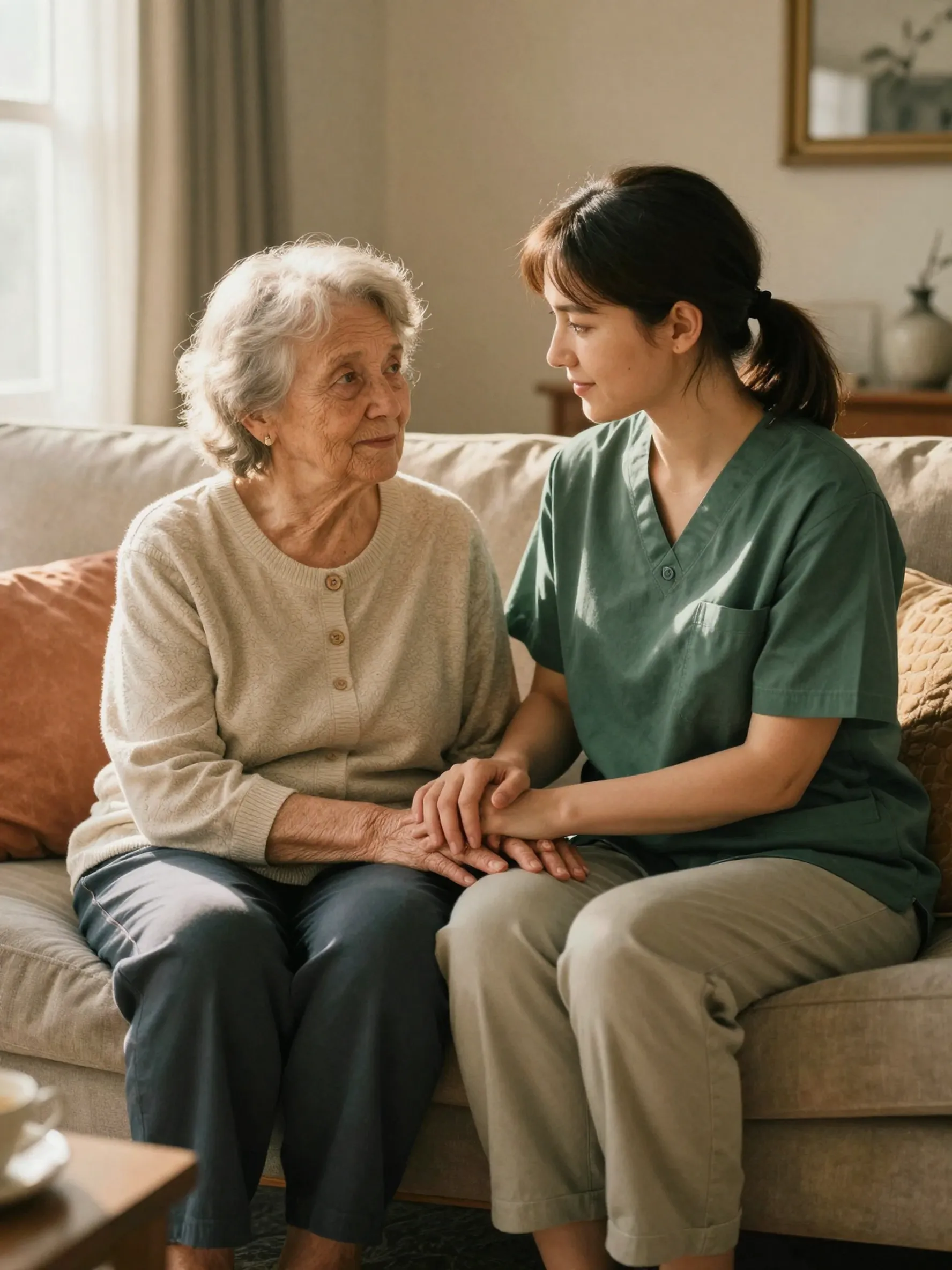 Caregiver sharing a warm moment with elderly resident at Harmony House